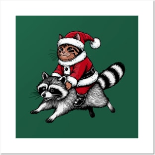 Santa Cat on A Raccoon Posters and Art